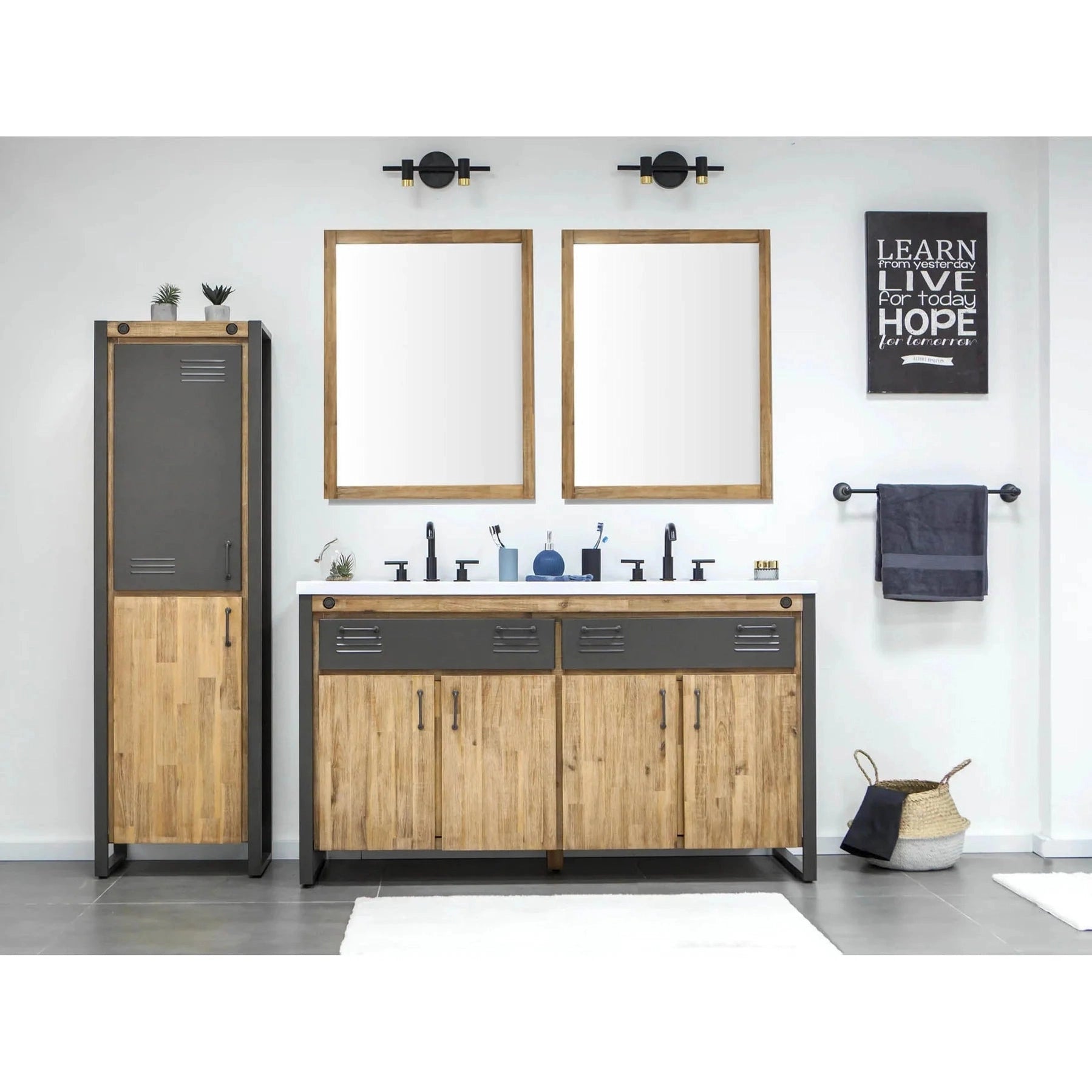 Alvado Vanity W61 in Solid Acacia Wood and Metal with White Basin