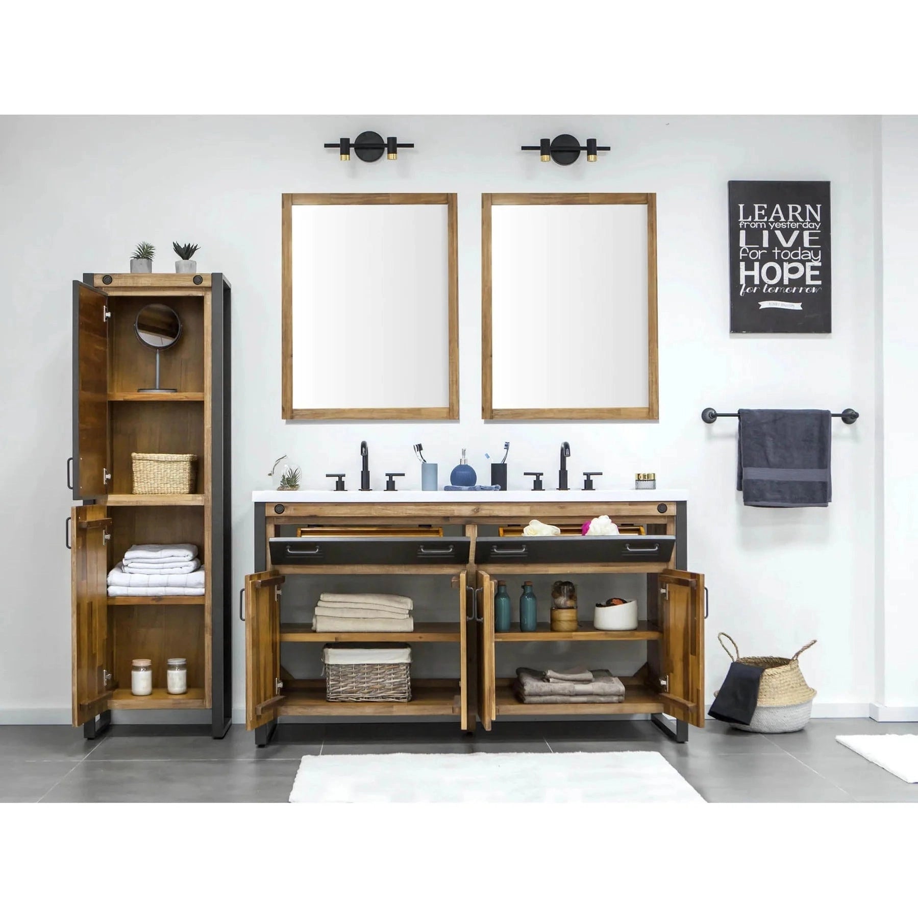 Alvado Vanity W61 in Solid Acacia Wood and Metal with White Basin