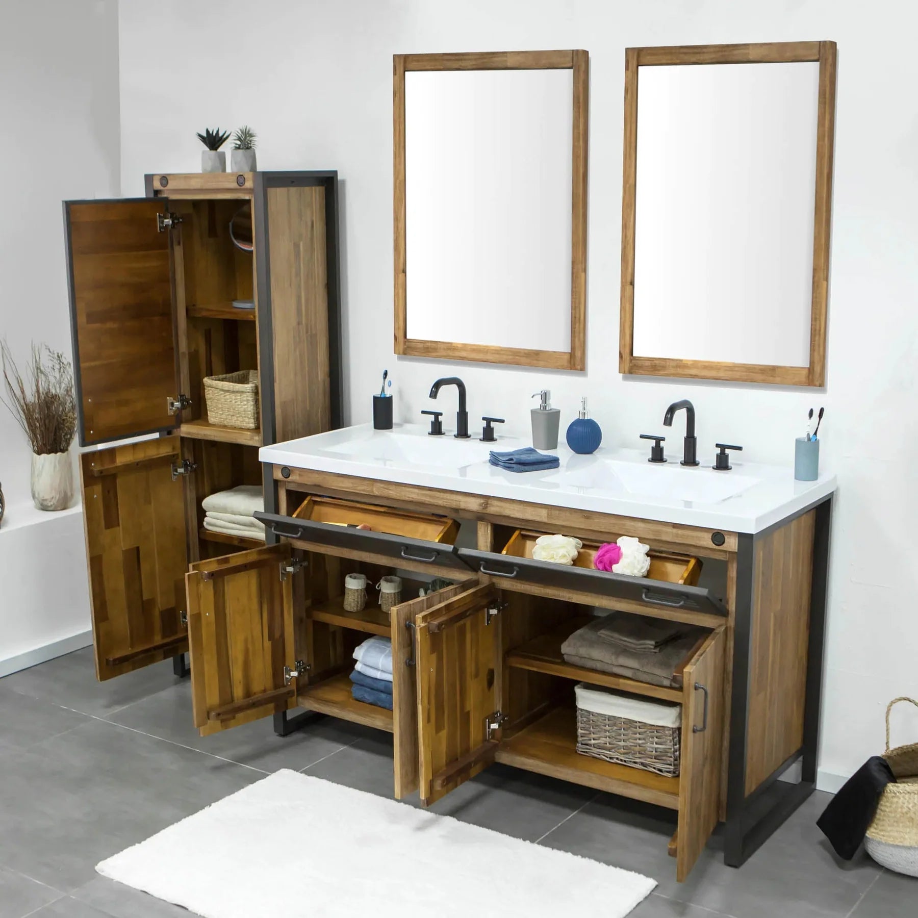 Alvado Vanity W61 in Solid Acacia Wood and Metal with White Basin