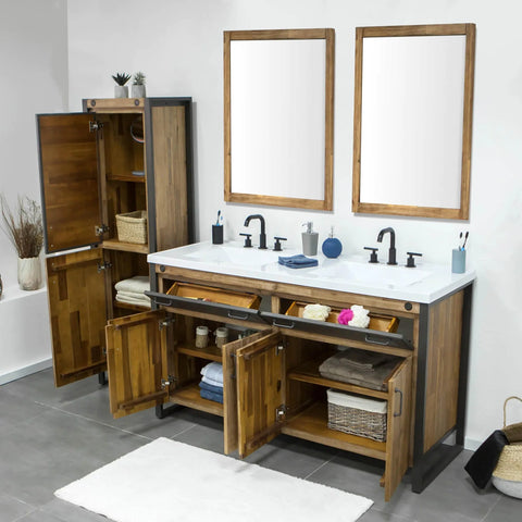 Alvado Vanity W61 in Solid Acacia Wood and Metal with White Basin