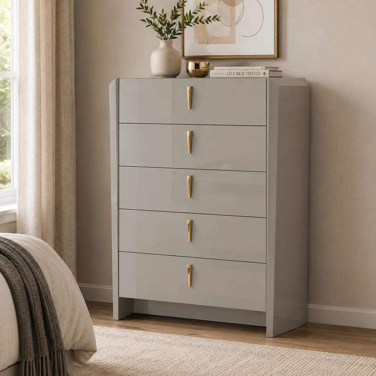 Magnus Glossy Finish Bedroom Chest - Cool Grey