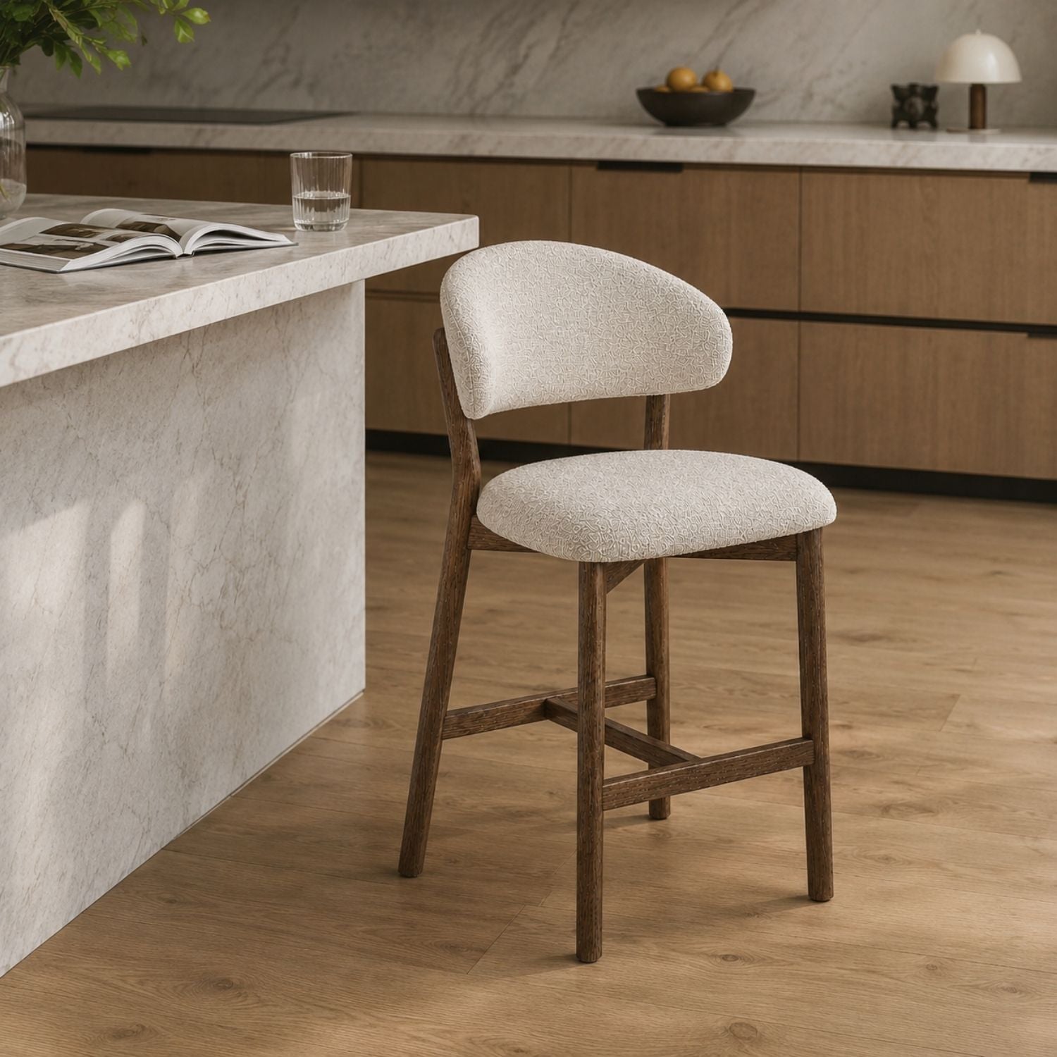 Milena Counter Stool - Beige Upholstery with Dirty Oak Wood Frame