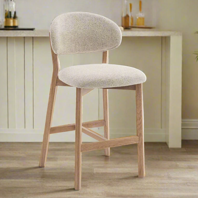 Milena Counter Stool - Beige Upholstery with Natural Oak Wood Frame