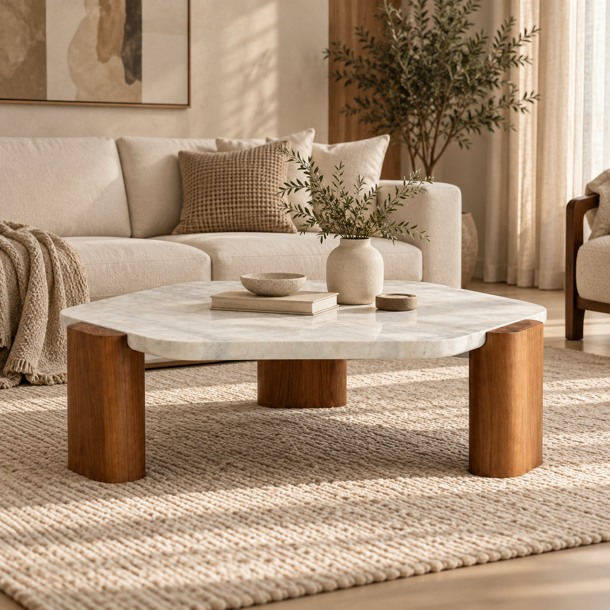 Mirova Sculptured Travertine & Oak Coffee Table