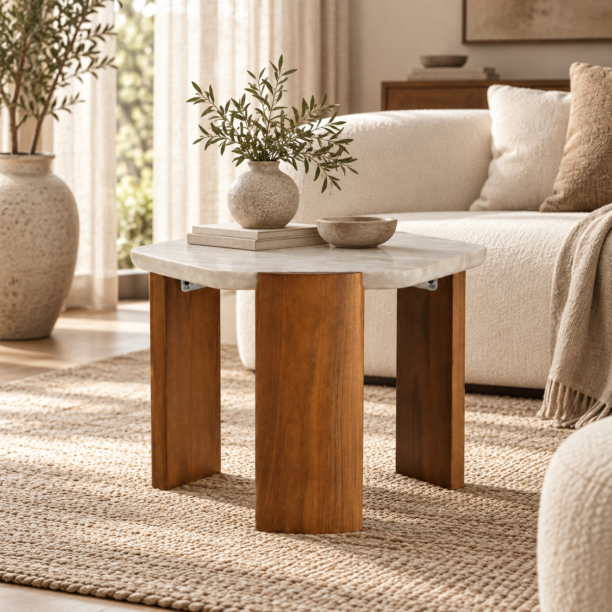 Mirova Sculptured Travertine & Oak Side Table