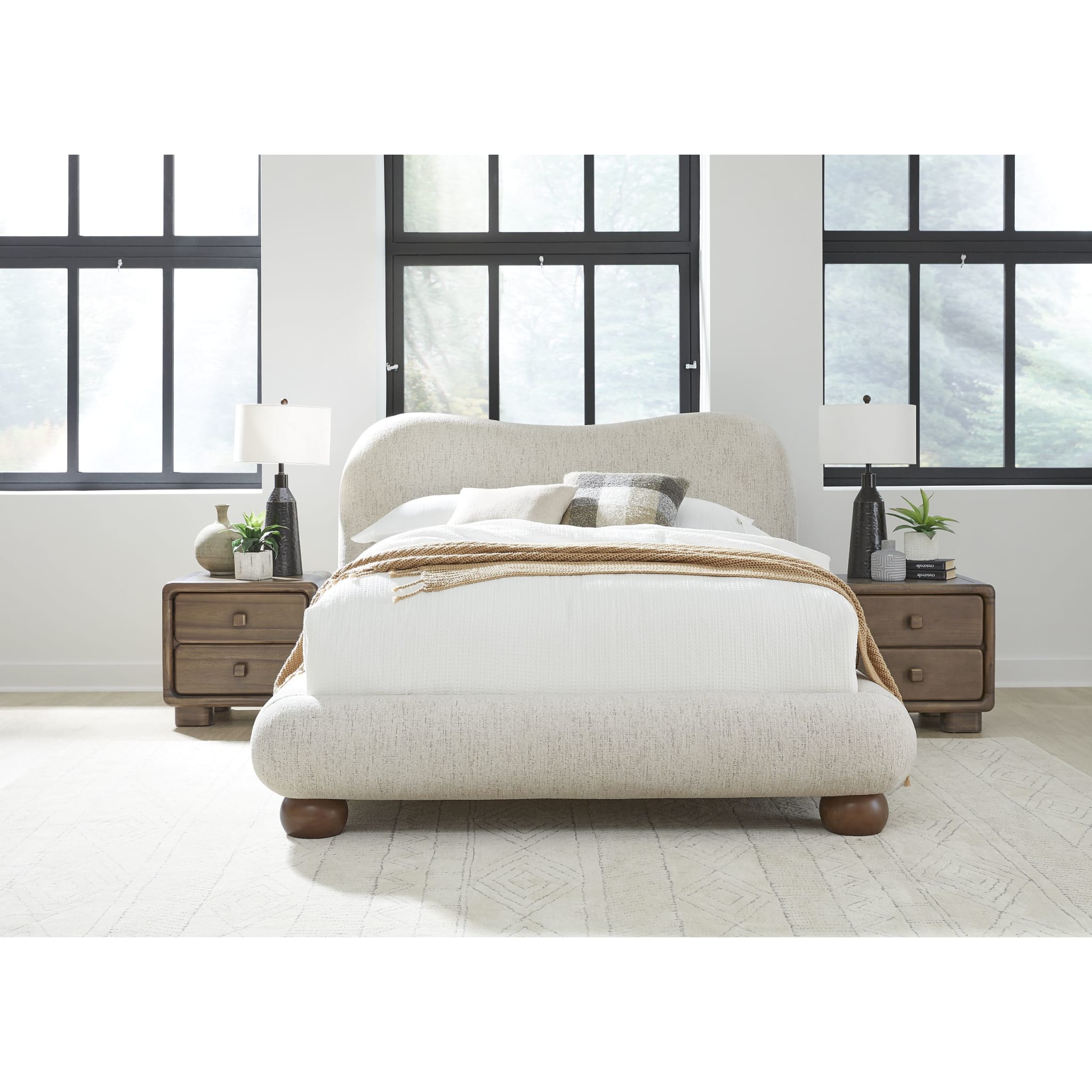 Afra Upholstered Platform Bed – Soft Chenille Fabric in Modern Rounded Design