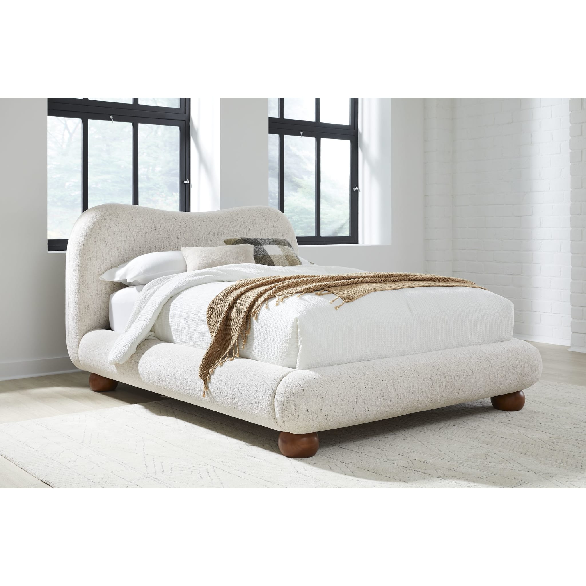 Afra Upholstered Platform Bed – Soft Chenille Fabric in Modern Rounded Design