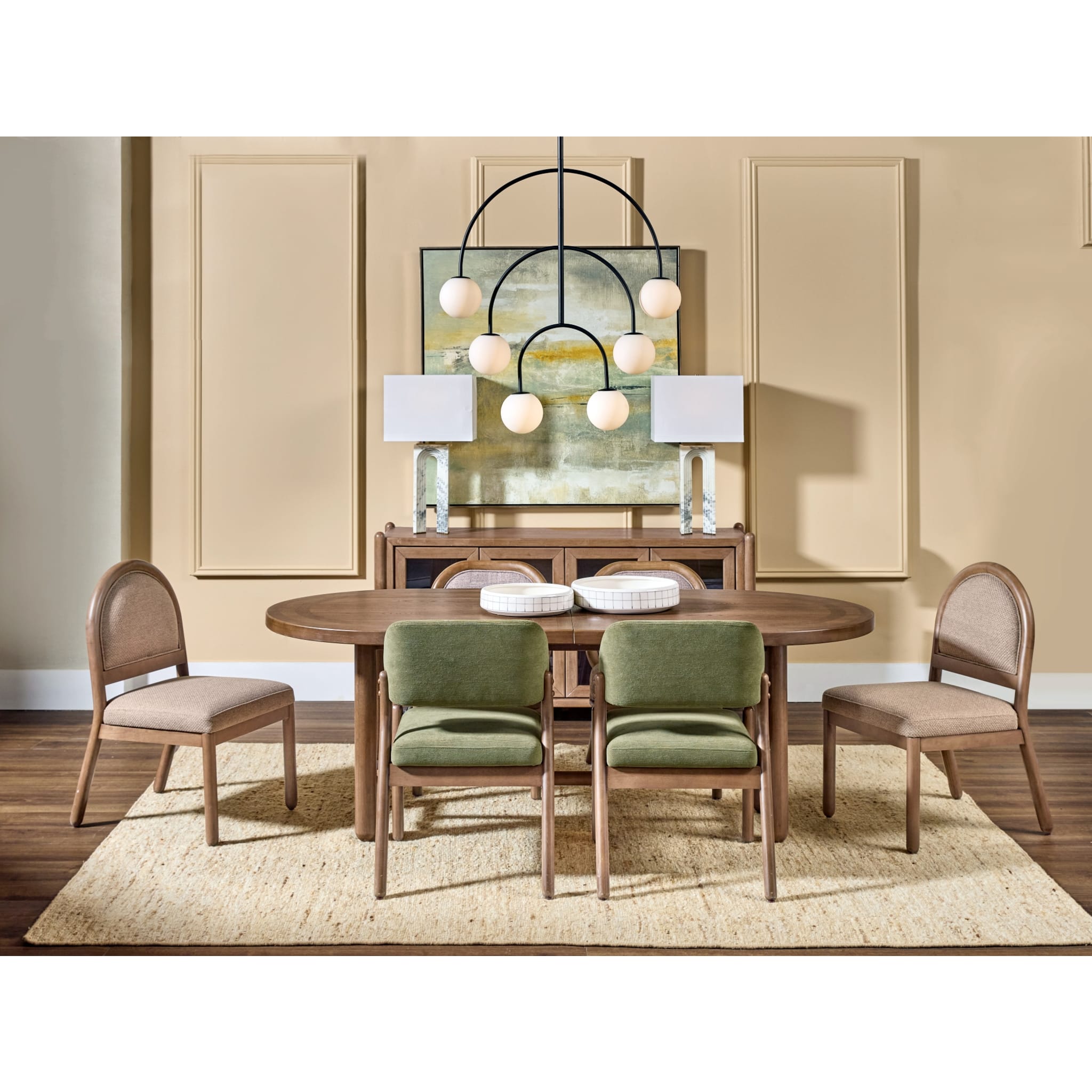 Astor Barrel Back Dining Chair – Moss Bouclé & Claystone