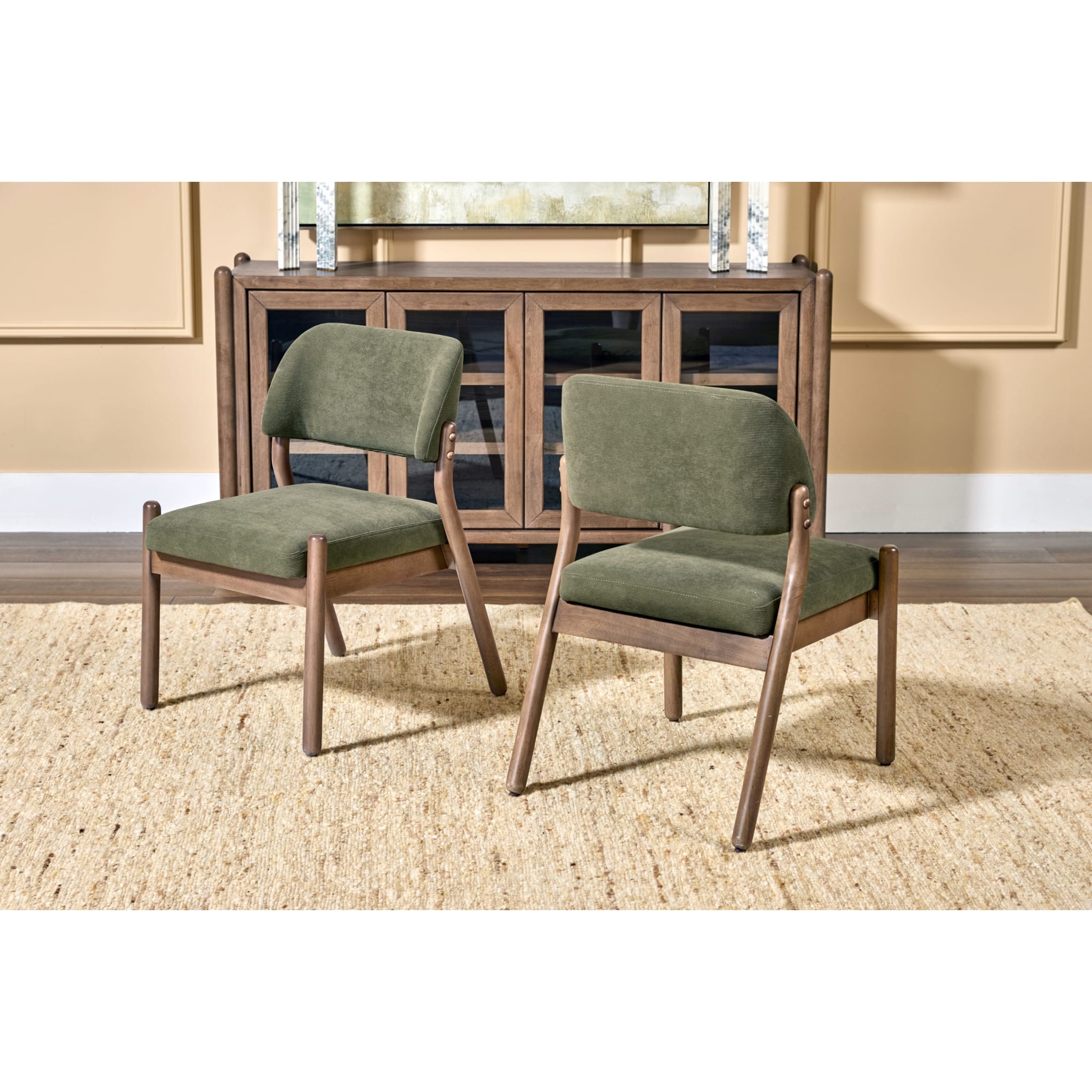 Astor Barrel Back Dining Chair – Moss Bouclé & Claystone
