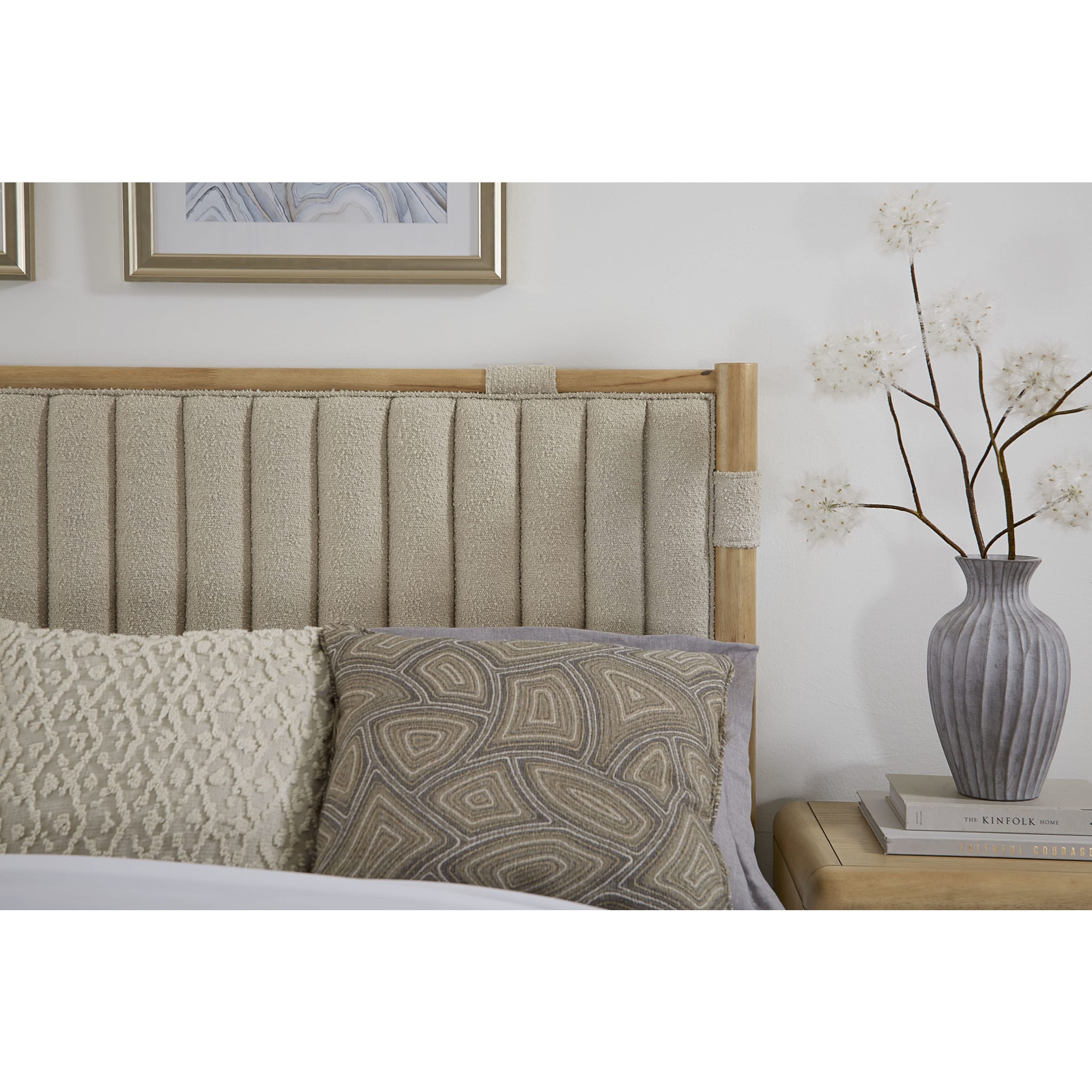 Furano Upholstered Panel Bed in Ginger and Brun Bouclé