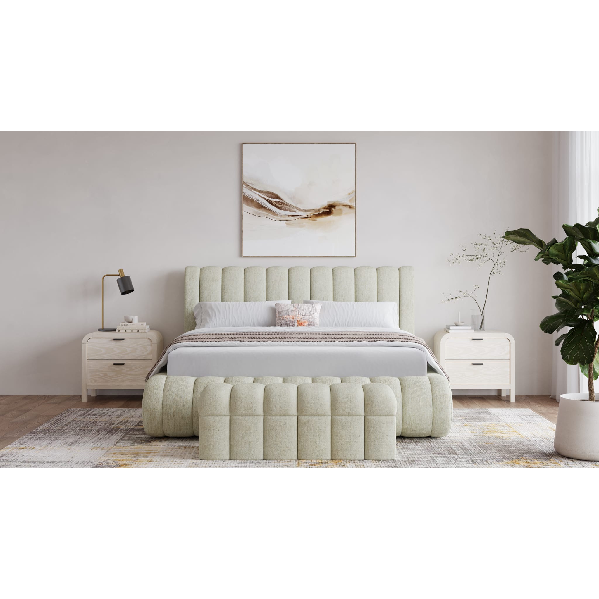 Savage Upholstered Bed with Tall Headboard in Sandy Chenille