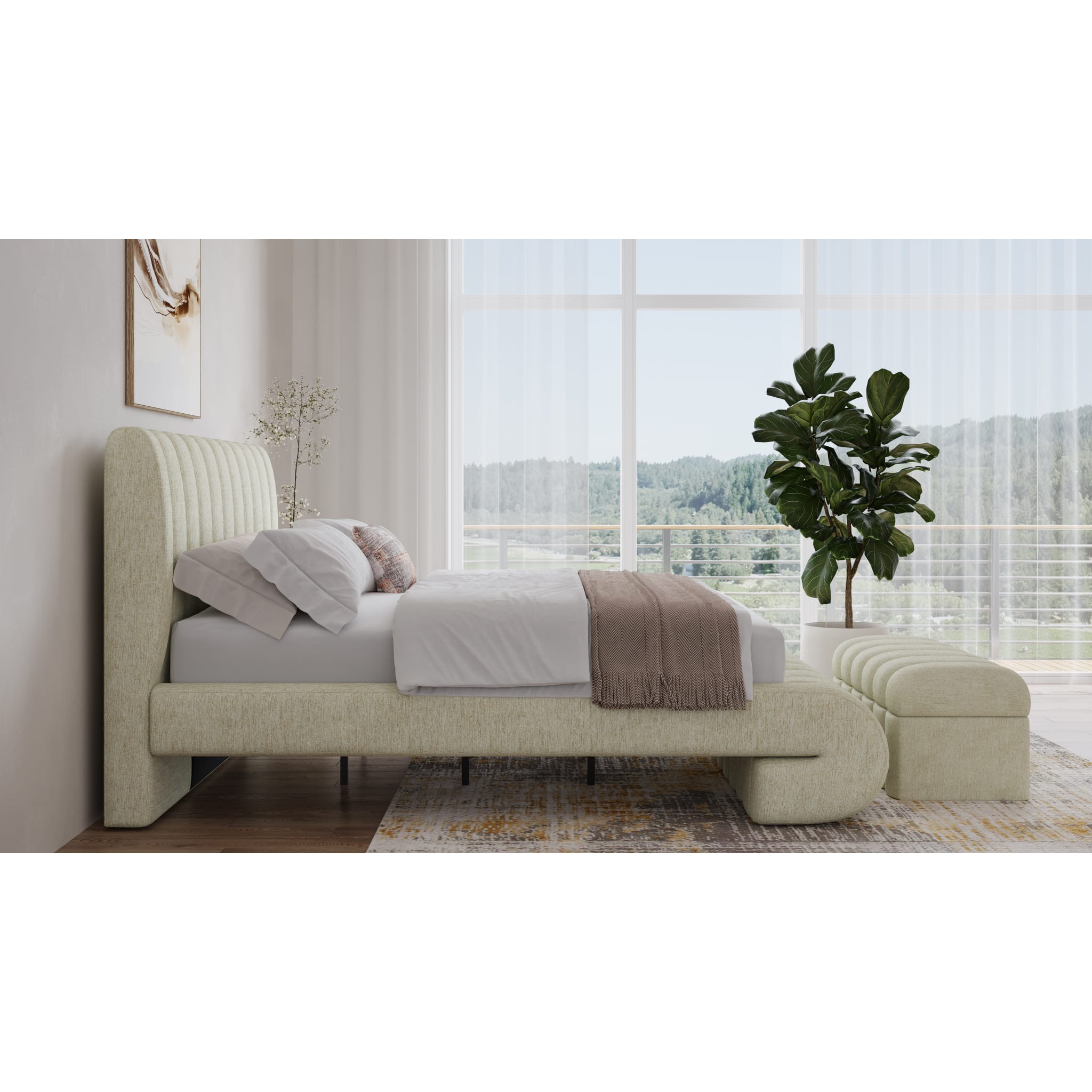 Savage Upholstered Bed with Tall Headboard in Sandy Chenille