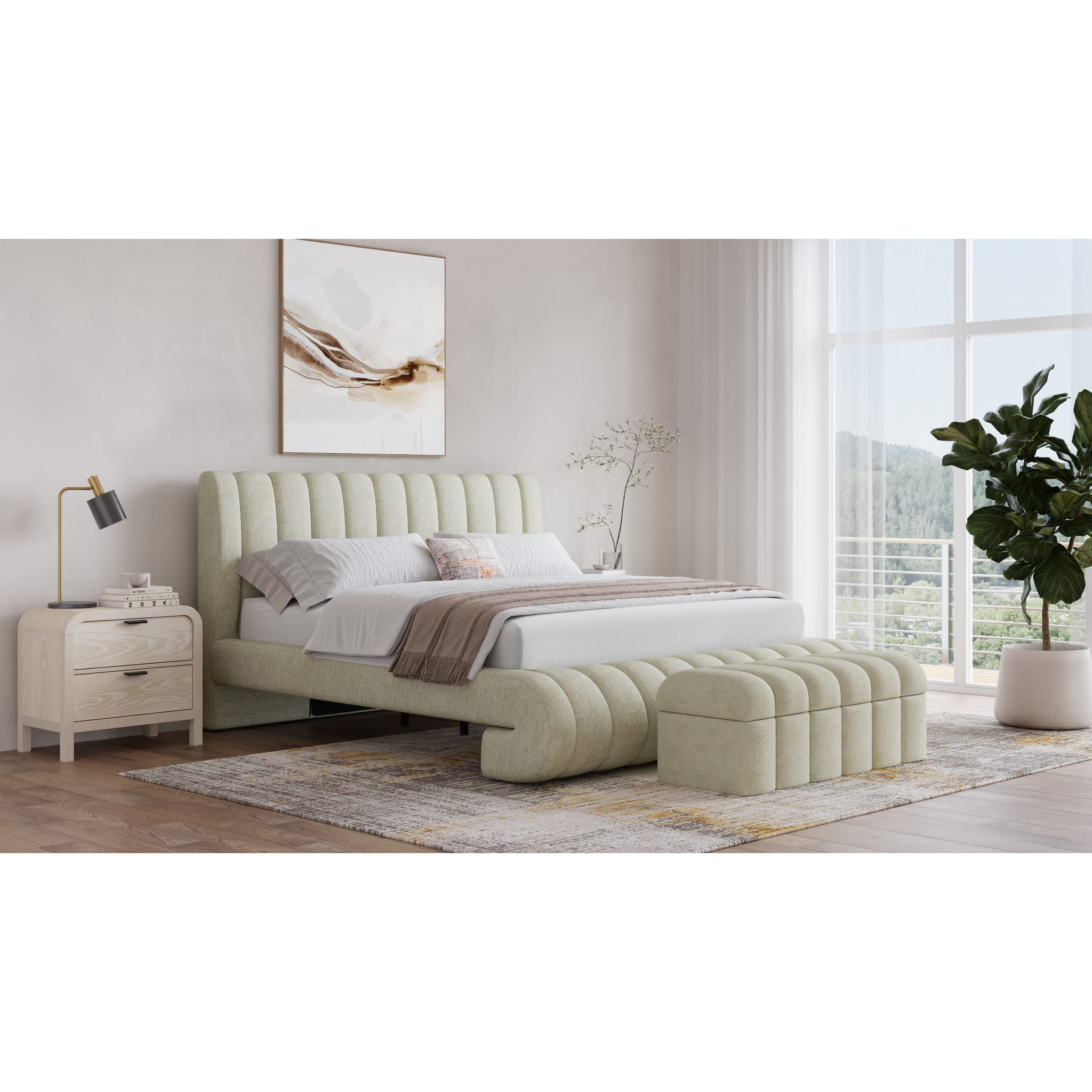 Savage Upholstered Bed with Tall Headboard in Sandy Chenille