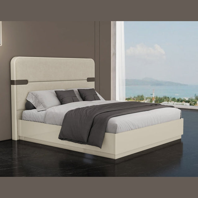 Elara Modern Platform Bed with Upholstered Headboard – Beige High Gloss