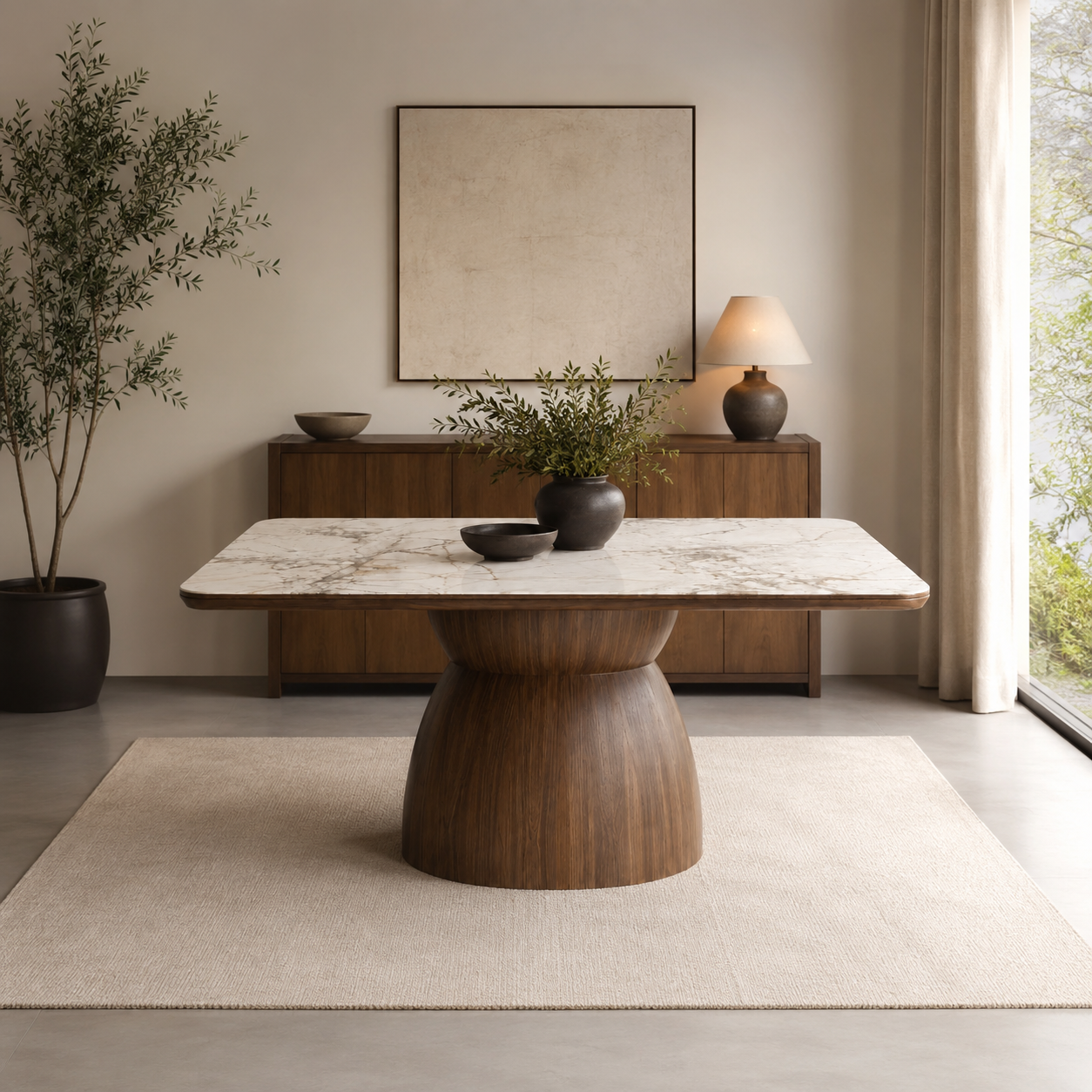 Montavo Modern Dining Table with Natural Walnut Veneer & Ceramic Top