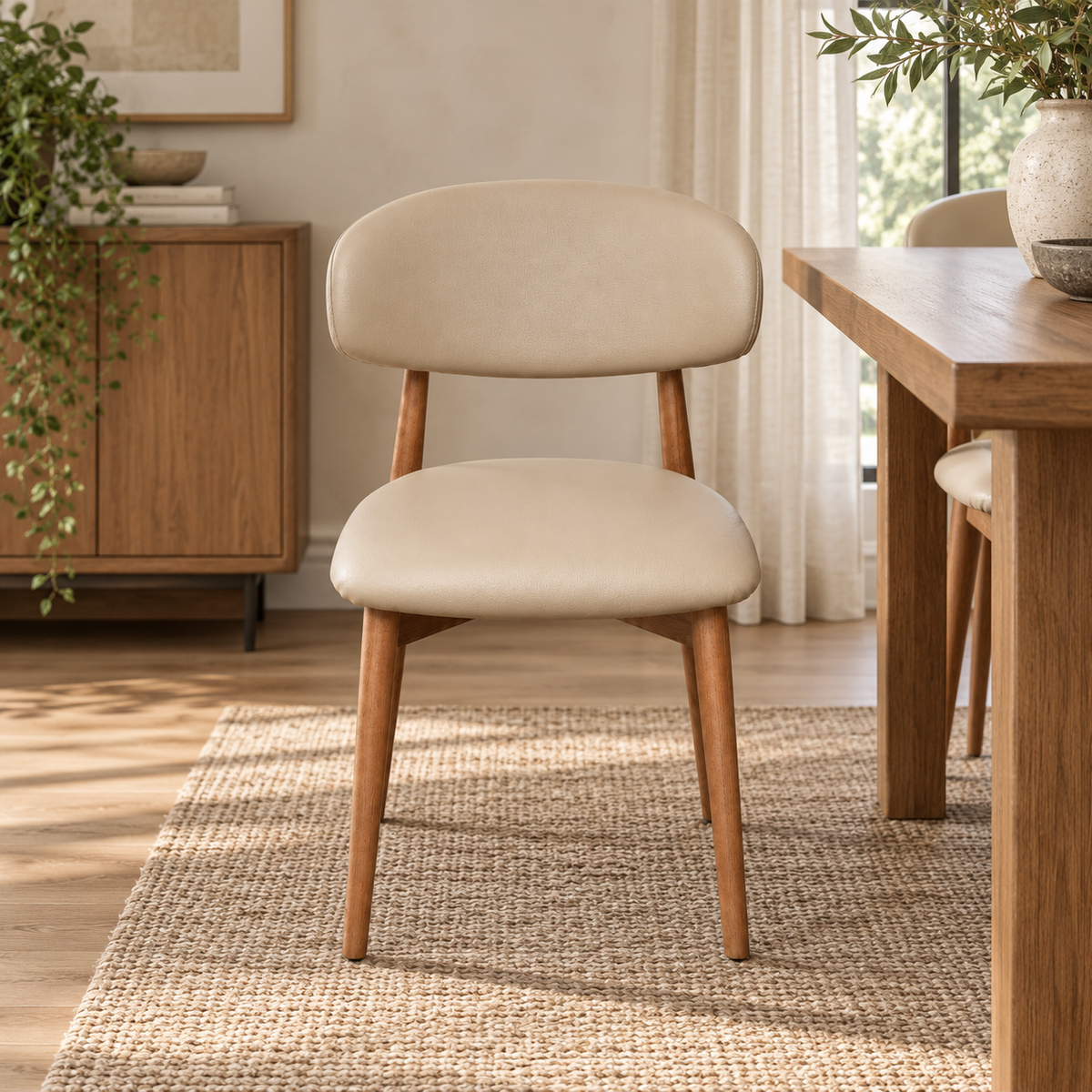 Nikari Faux Leather Dining Chair with Walnut Wood Legs – Warm Taupe