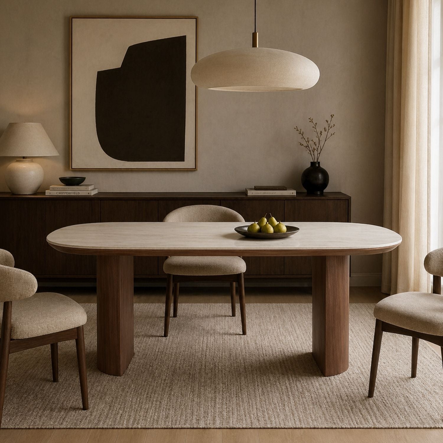 Nola Ceramic-Top Walnut Pedestal Dining Table