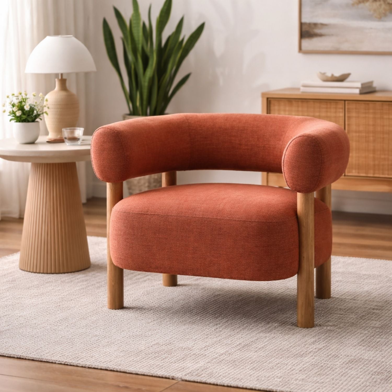 Odette Accent Chair – Warm Textured Fabric & Natural Wood Frame