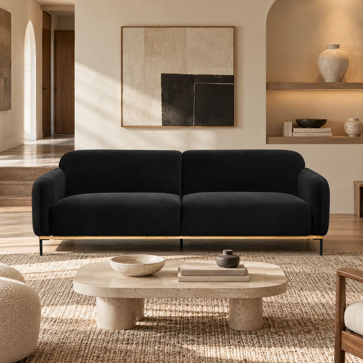 Ozias Modern 3-Seater Sofa – Black Velvet