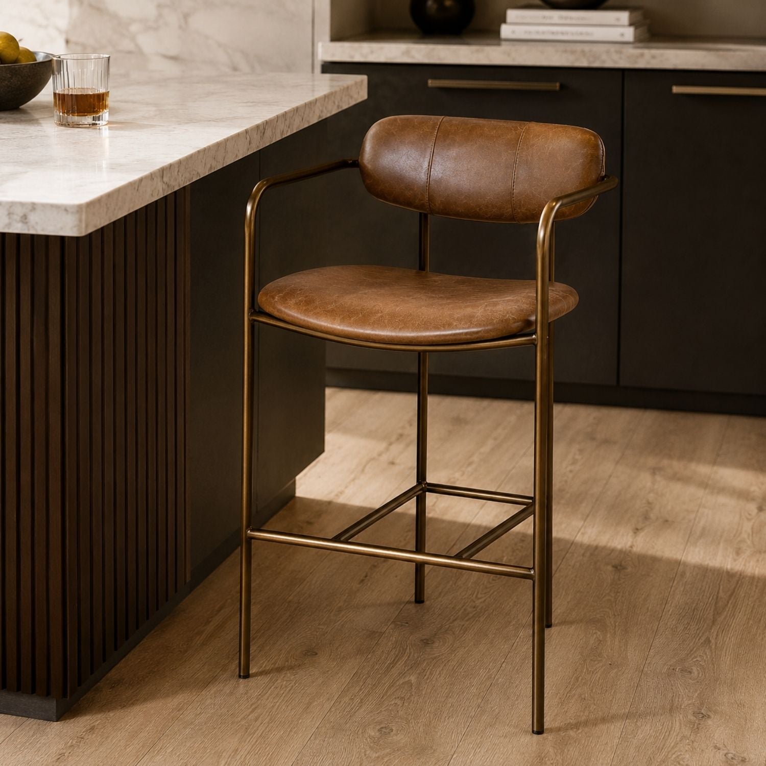 Parker Brown Leather Seat Gold Metal Counter Stool