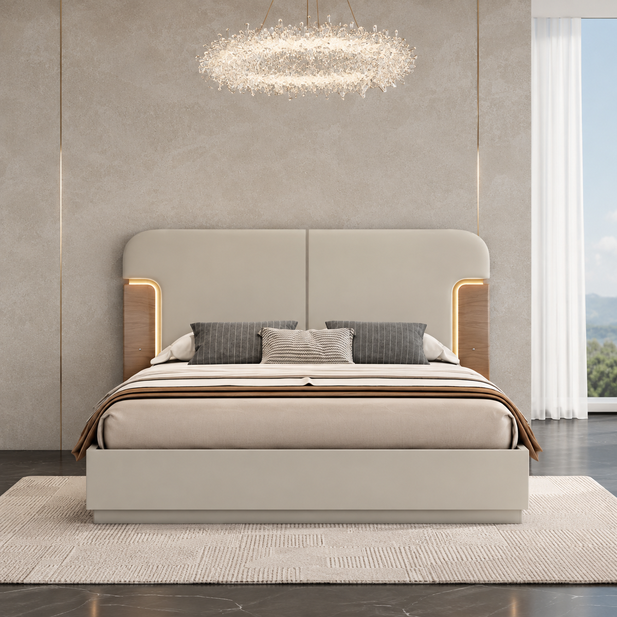 Ravello Upholstered LED Bed –  Greige & Walnut