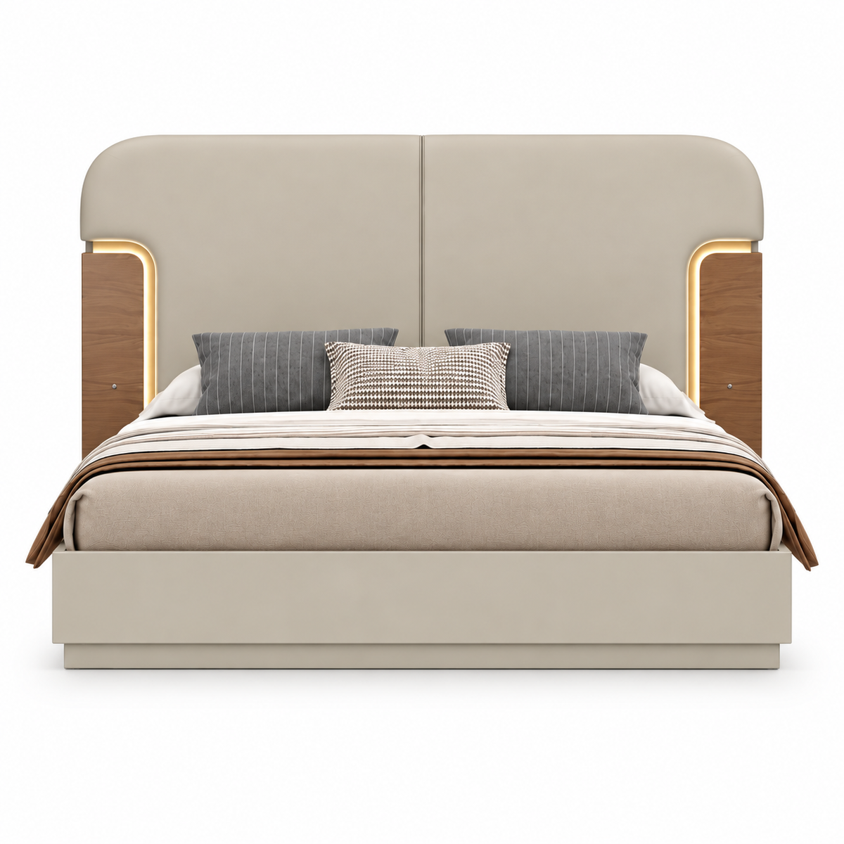 Ravello Upholstered LED Bed –  Greige & Walnut