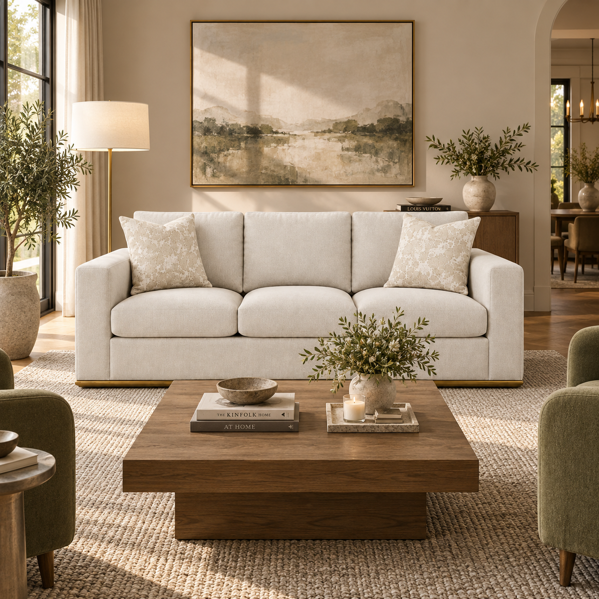 Ravelo 3 Seater Upholstered Sofa with Gold Metal Base – Champagne