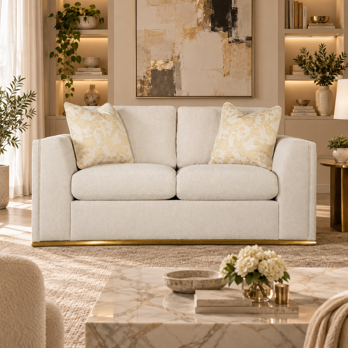Ravelo Upholstered Loveseat with Gold Metal Base – Champagne