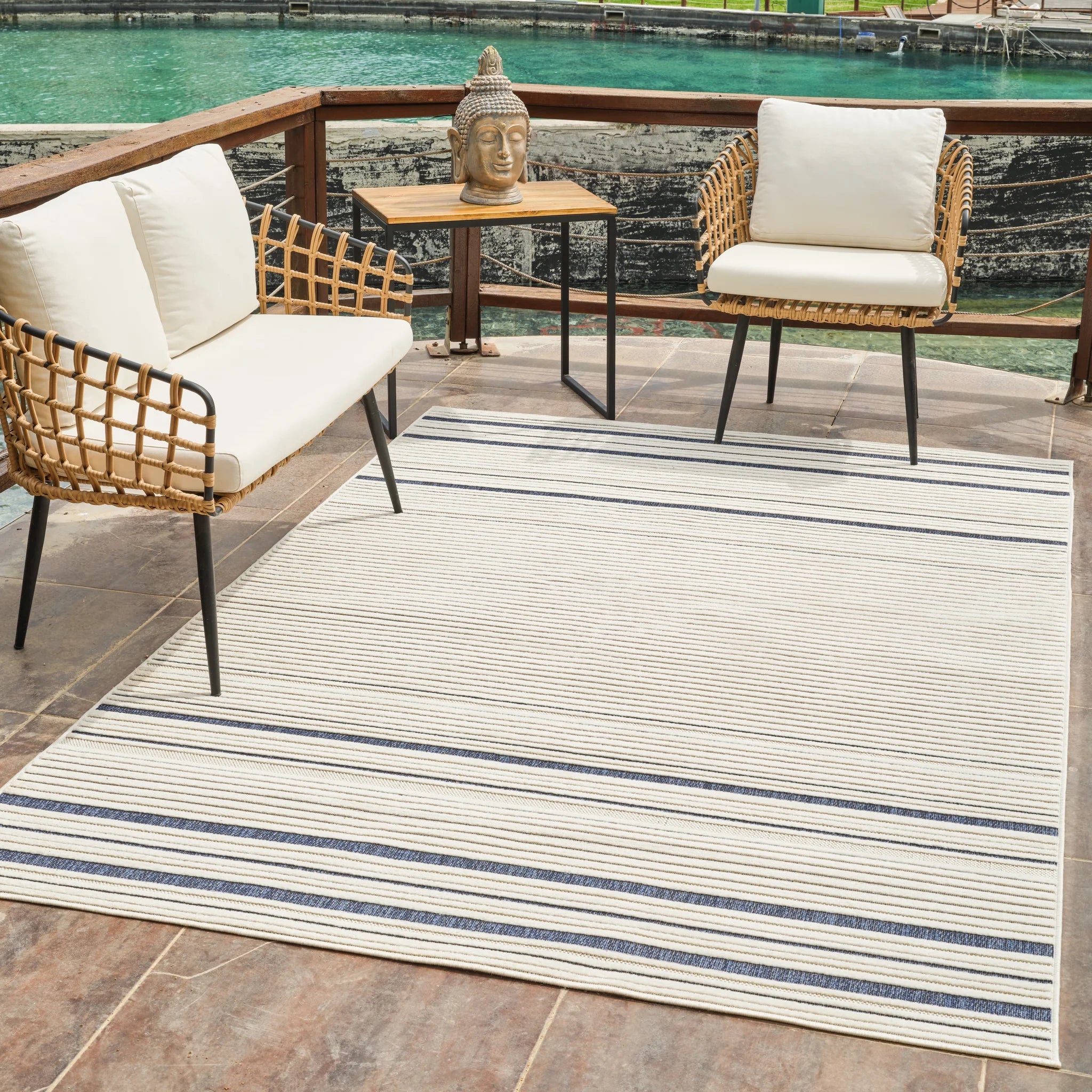 Aurora Cream Modern Rug – Navy Accent Stripe Design