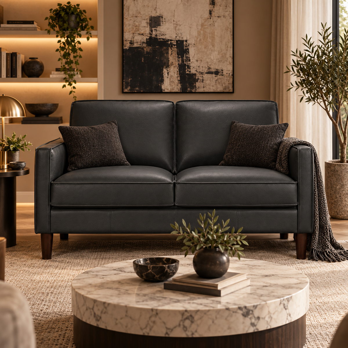 Soria Top-Grain Leather Loveseat – Night