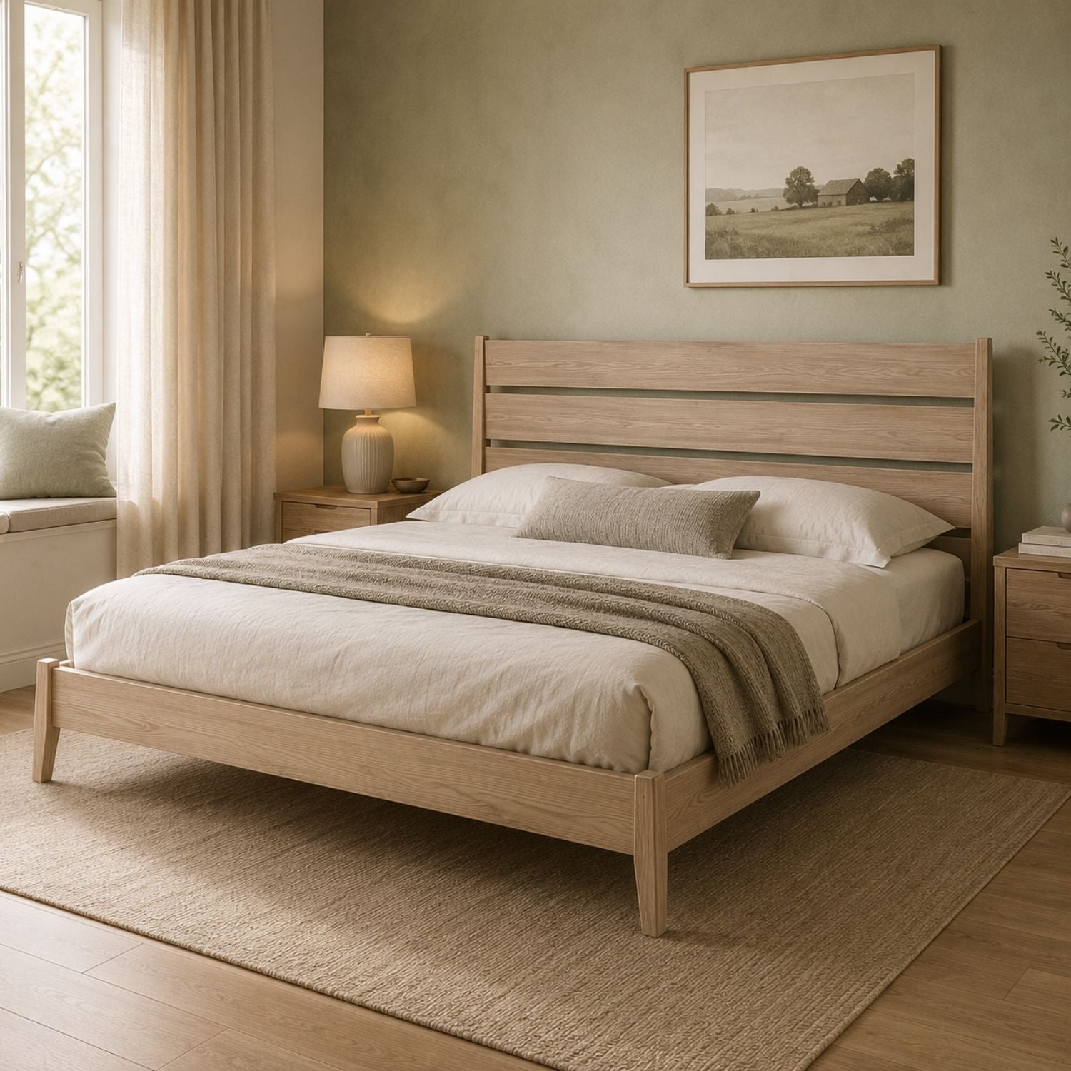 Sumire Slatted Ash Wood Platform Queen Bed in Ginger