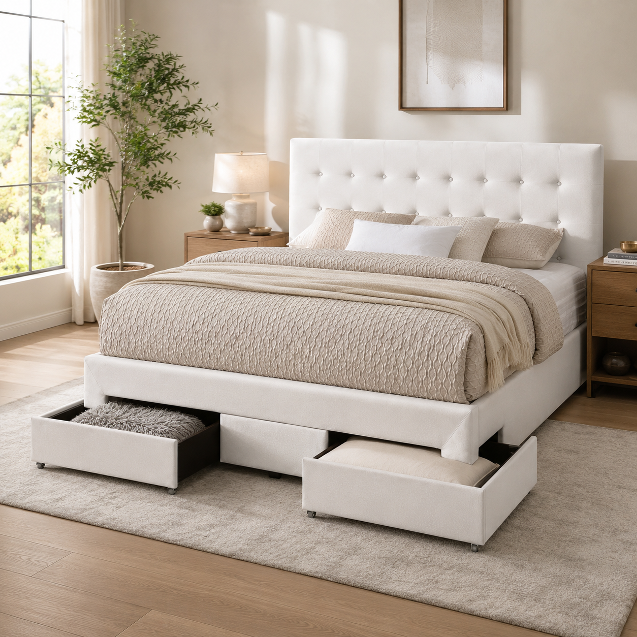 Sydney Storage Drawer Bed w/ Premium Fabric - Oatmeal King Only