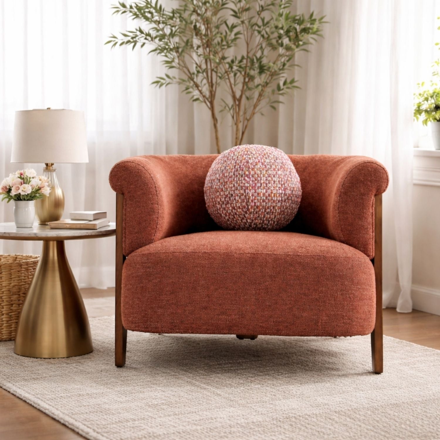 Sylvi Accent Chair – Natural Wood & Textured Fabric