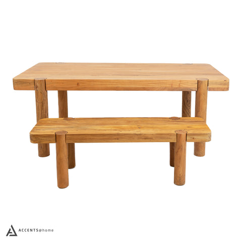 Haini Acacia Wood Round Leg Bench and dining table