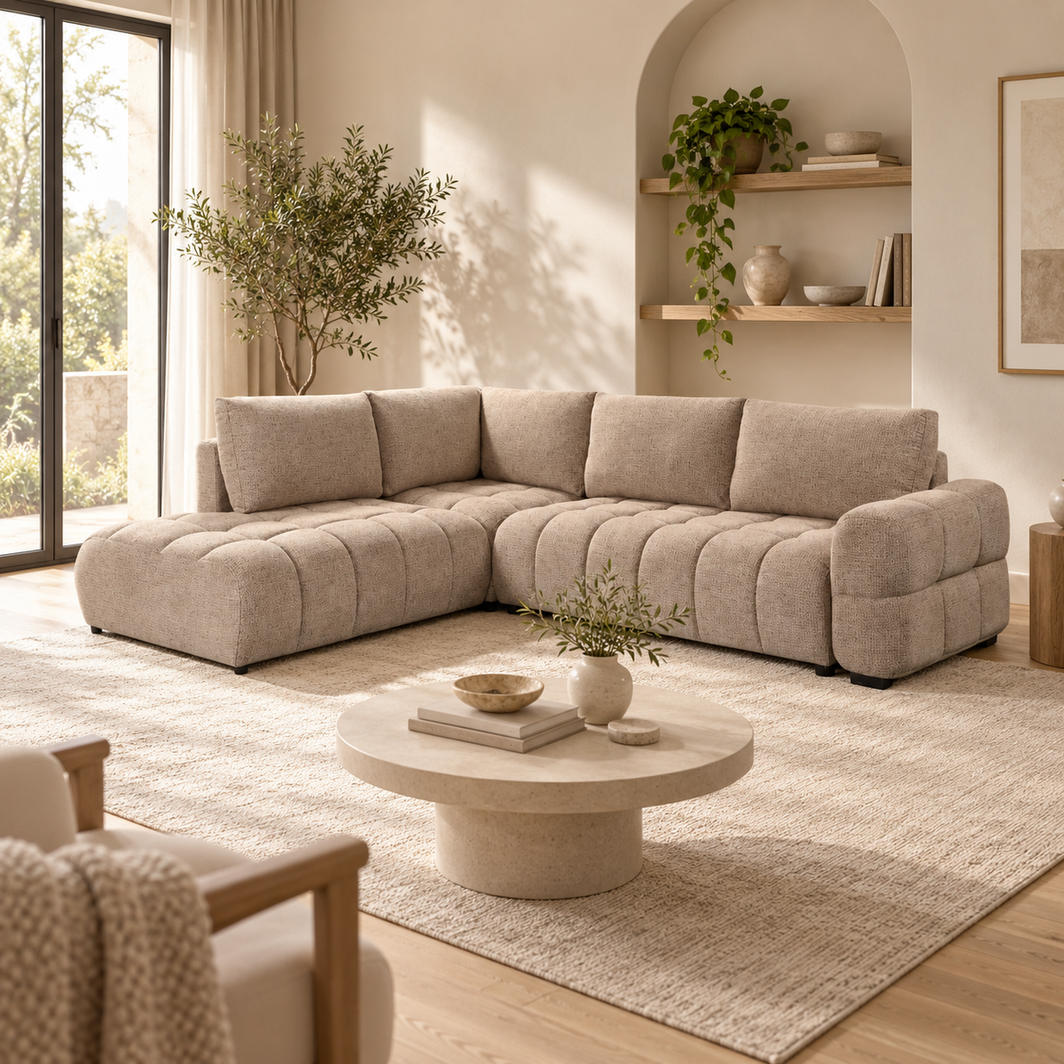 Tobia Pull-Out Sleeper Sectional with Storage Chaise – Taupe
