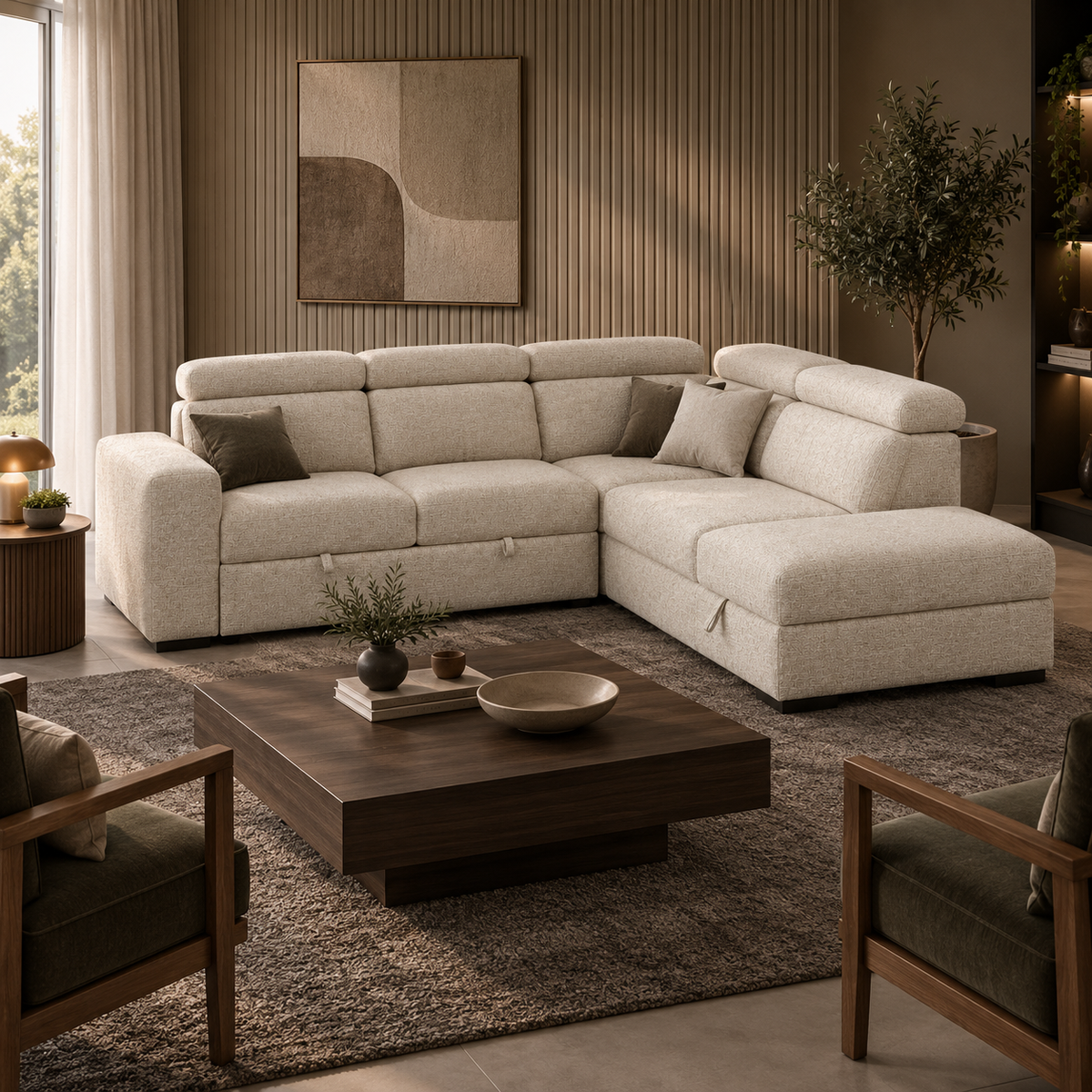 Tristan Performance Fabric Sleeper Sectional with Chaise – Oatmeal