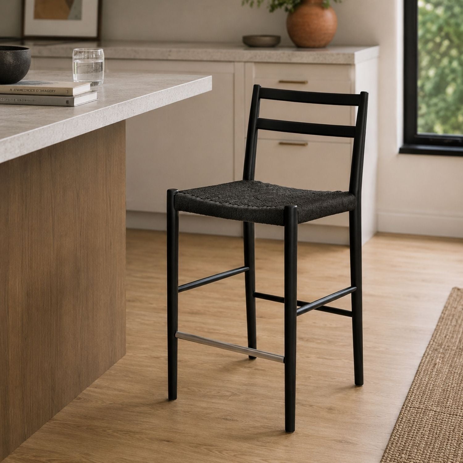 Varis Counter Stool with Back - Black Woven Seat