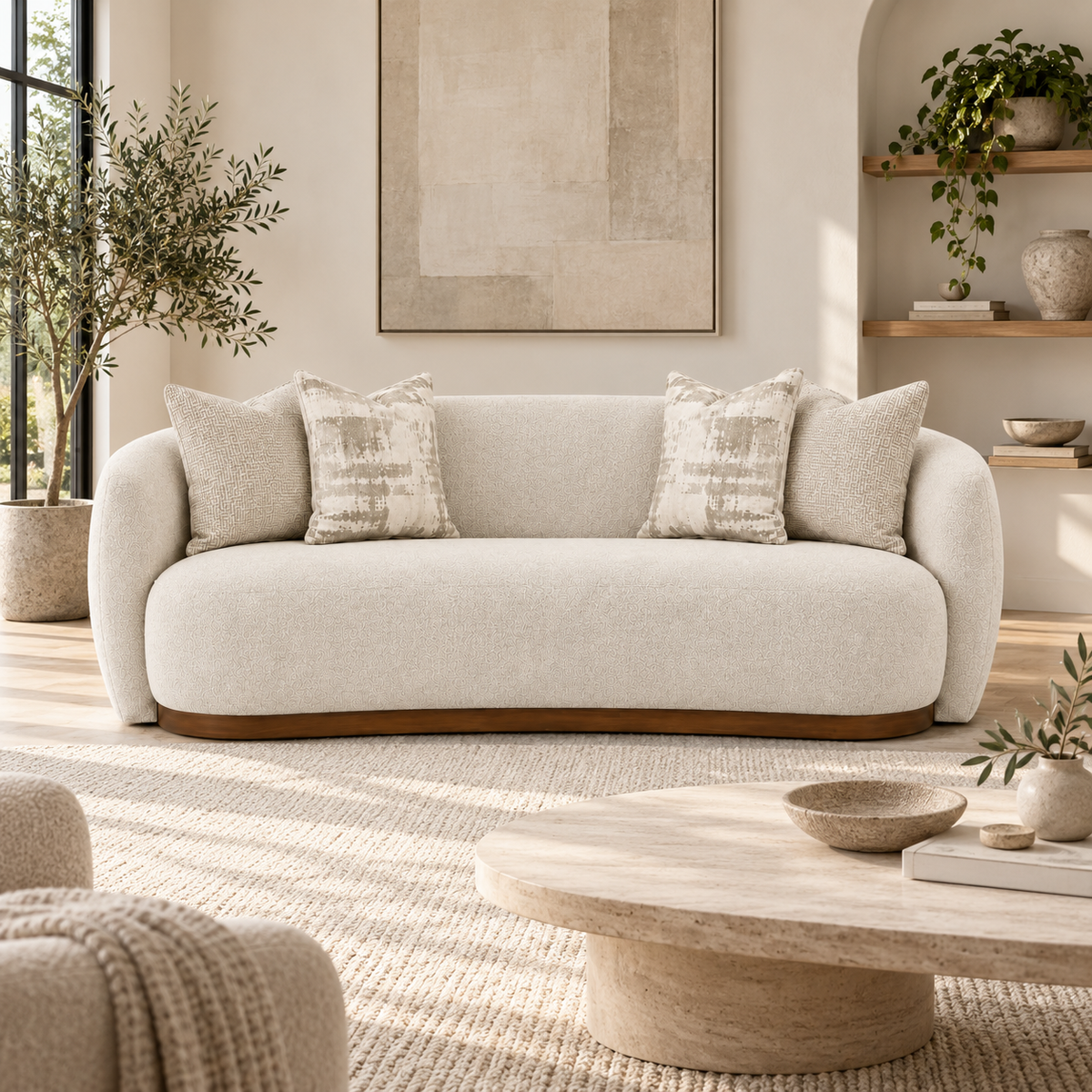 Velora Curved Upholstered 3 Seater Sofa with Wood Base