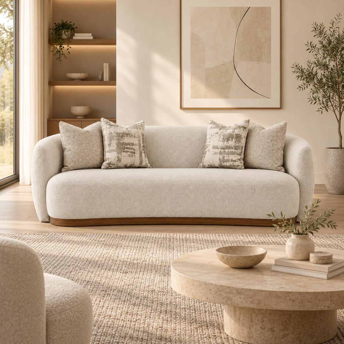 Velora Curved Upholstered 4 Seater Sofa with Wood Base