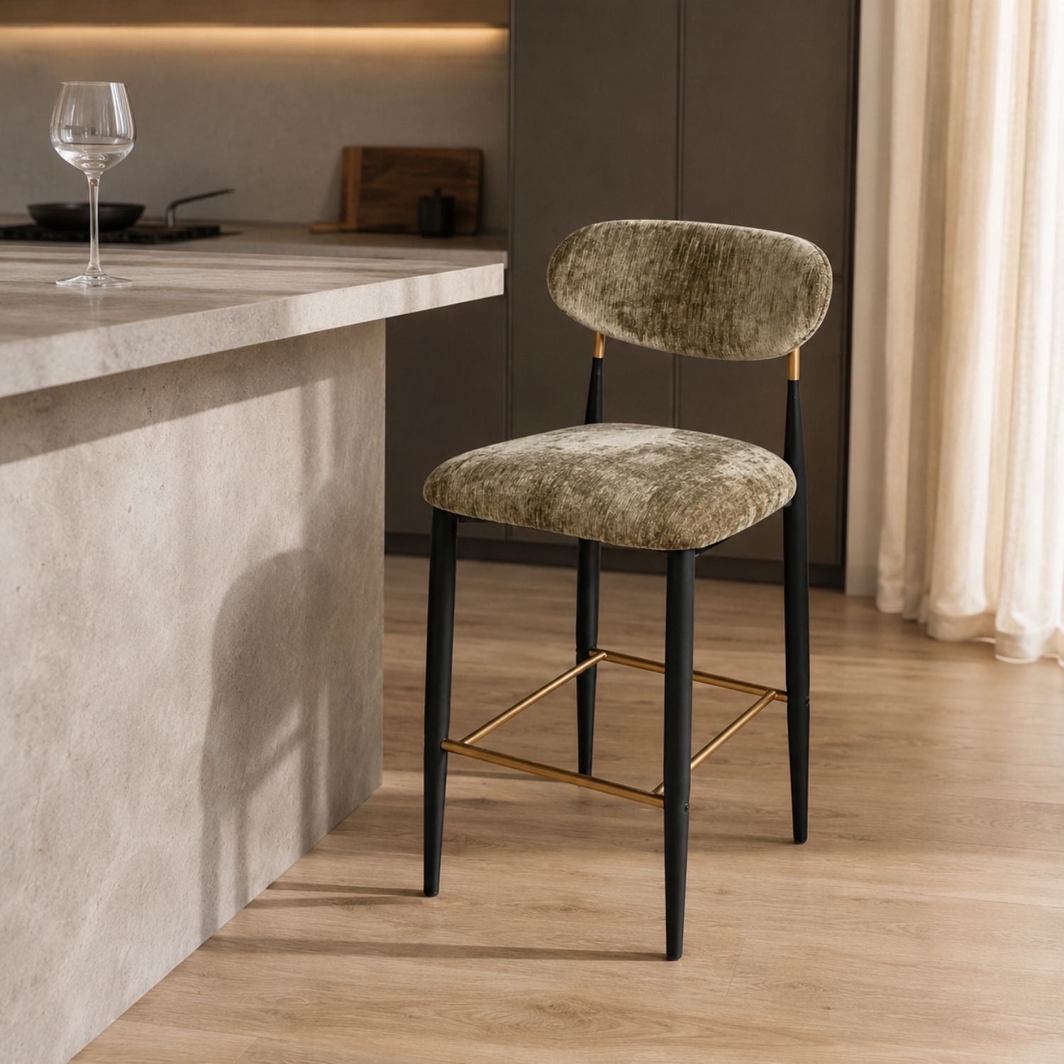 Vera Upholstered Counter Stool in Green with Matte Black & Gold Legs