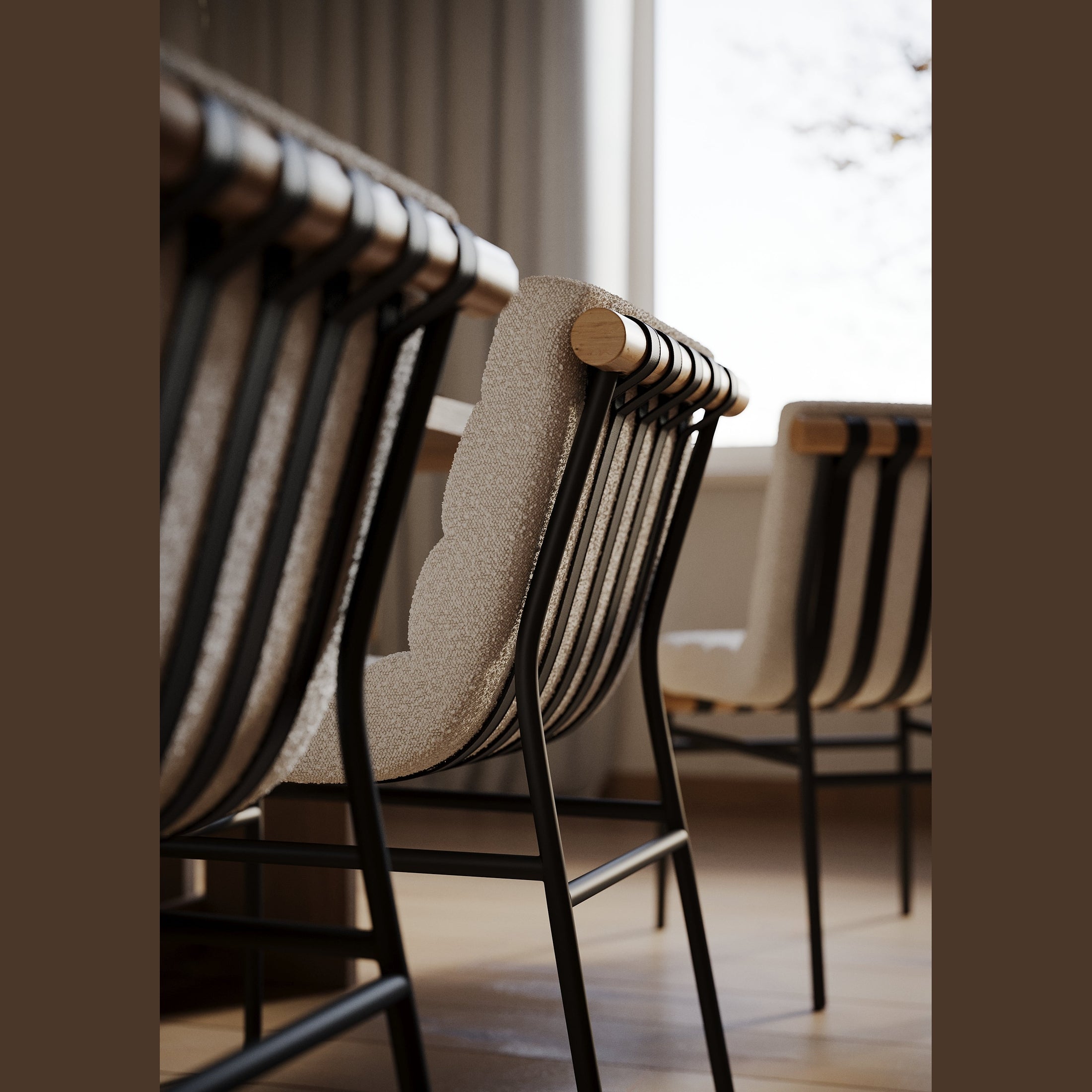 Modern fabric and metal dining chairs with wooden accents in a bright home interior