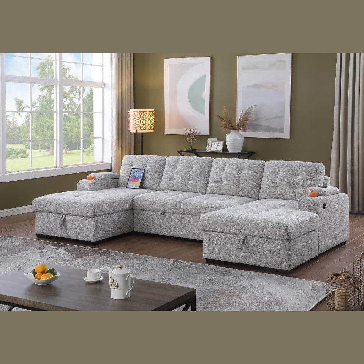Alonso Sleeper U-shaped Premium Fabric Sleeper Sectional - Light Grey