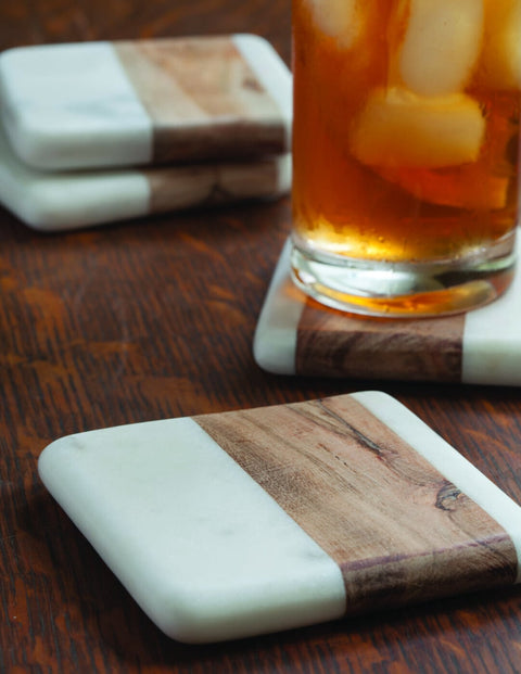 White Marble & Wood Square Coasters - Set of 4