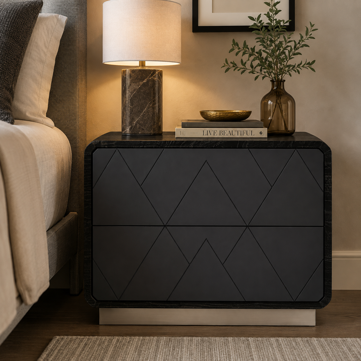 Zara Two Drawer Glossy Black Night Stand