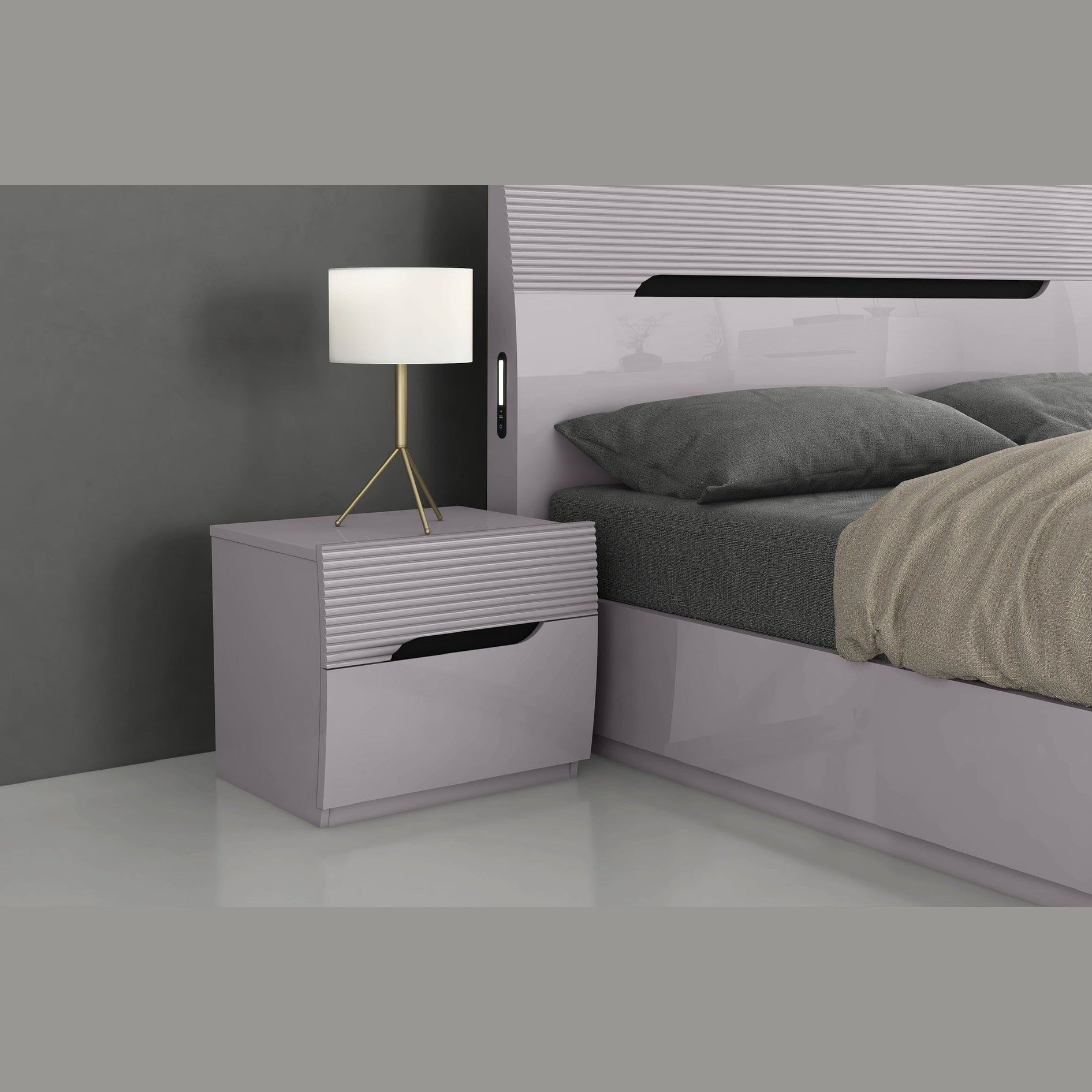Zoya Glossy 2 Drawers Night Stand - Light Grey