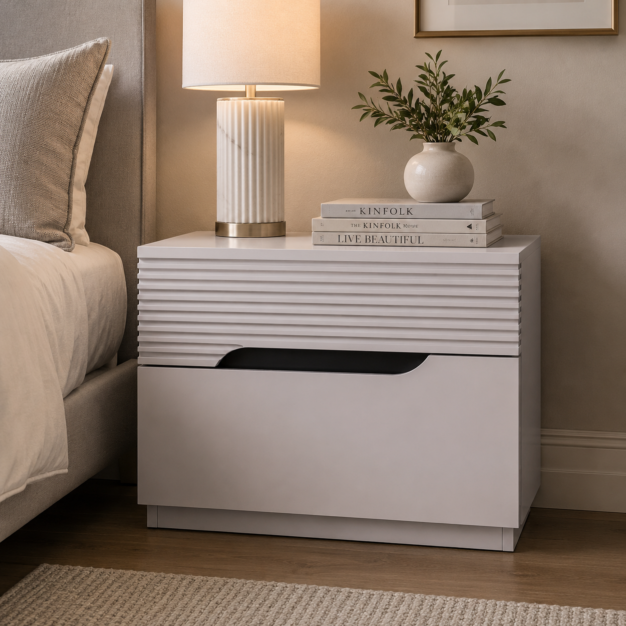 Zoya Glossy 2 Drawers Night Stand - Light Grey