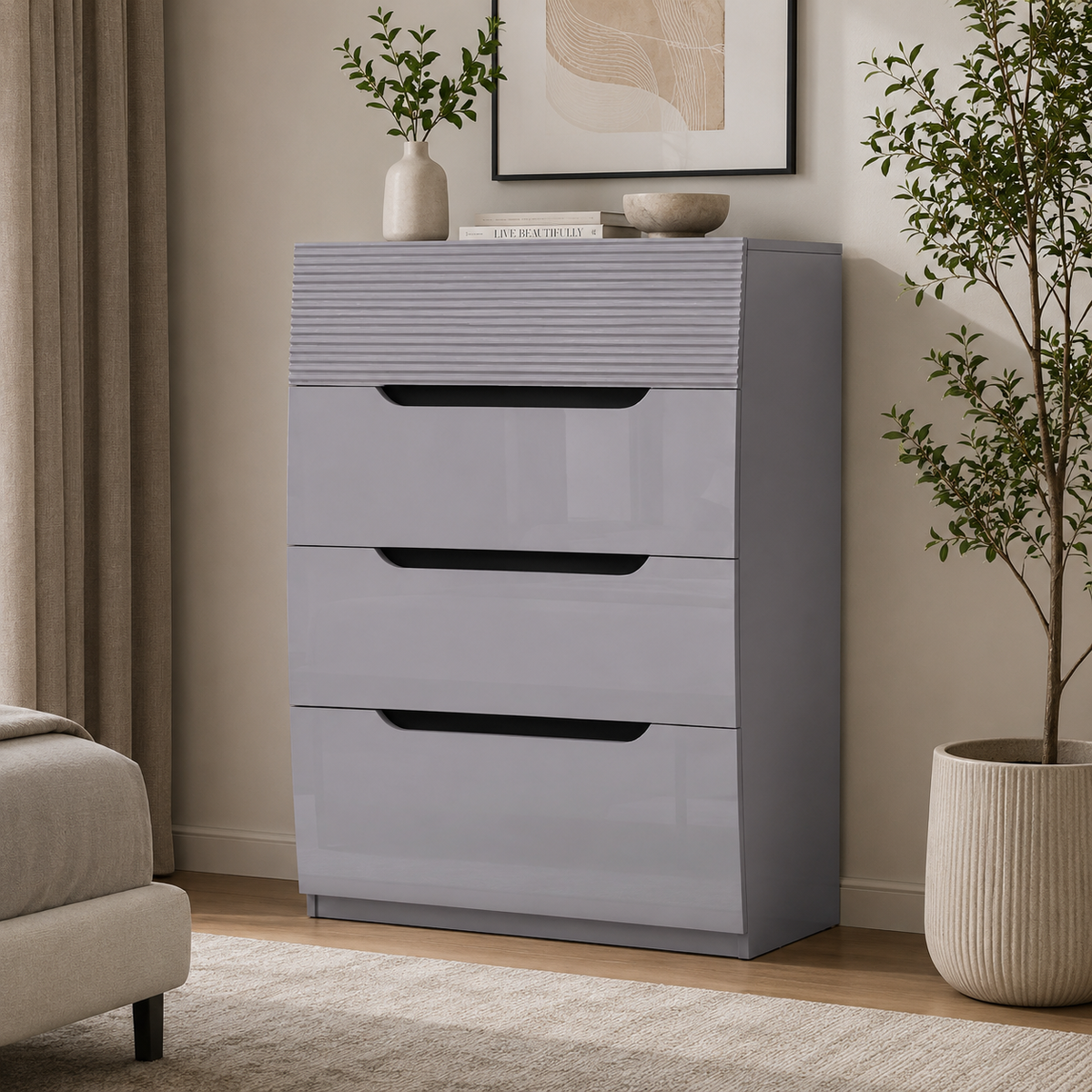 Zoya Glossy 4 Drawer Chest - Light Grey