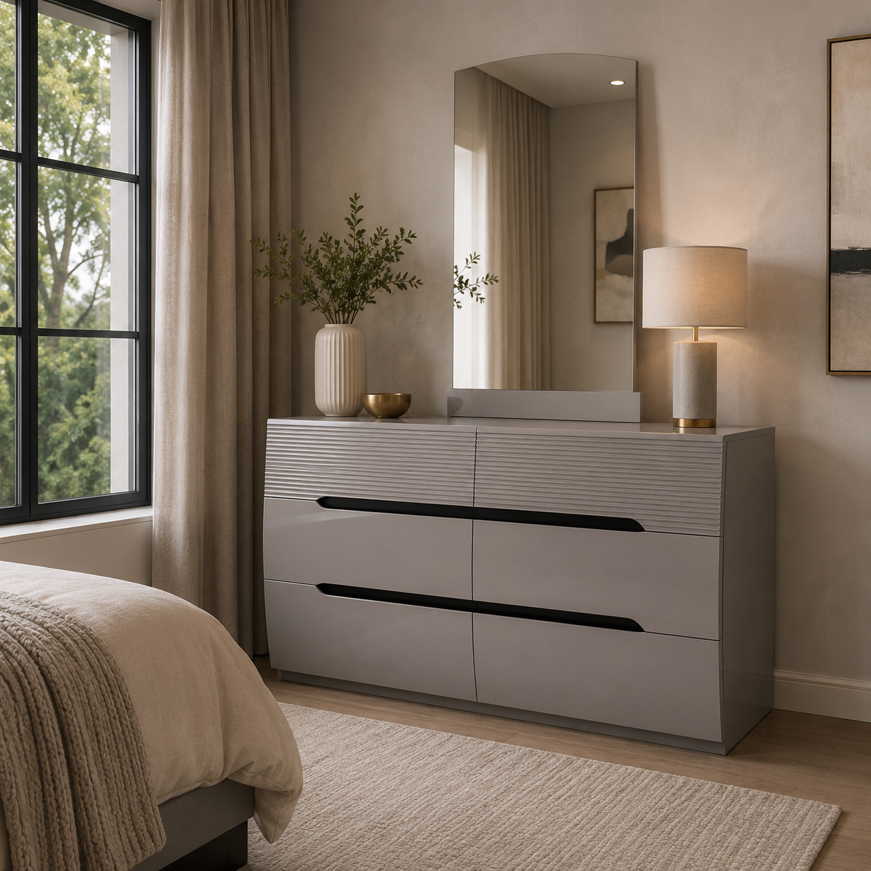 Zoya Glossy 6 Drawer Dresser - Light Grey