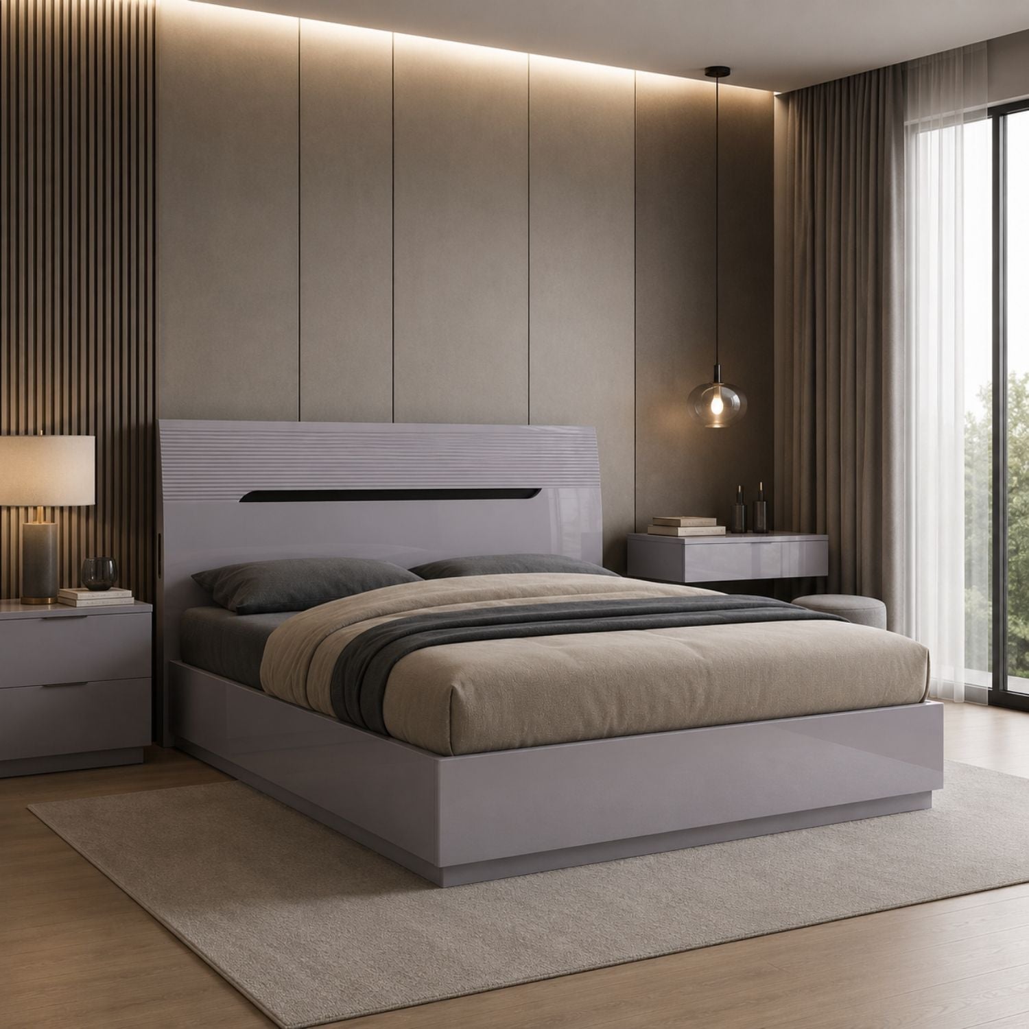 Zoya Glossy Hydraulic Lift Up Storage Bed - Light Grey
