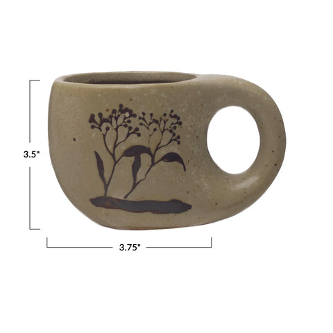 12 oz. Stoneware Mug w/ Wax Relief Floral Image, Reactive Glaze